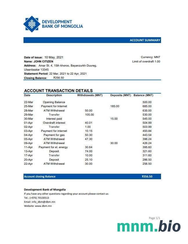 Mongolia Chinggis Khaan bank Excel i szablon PDF